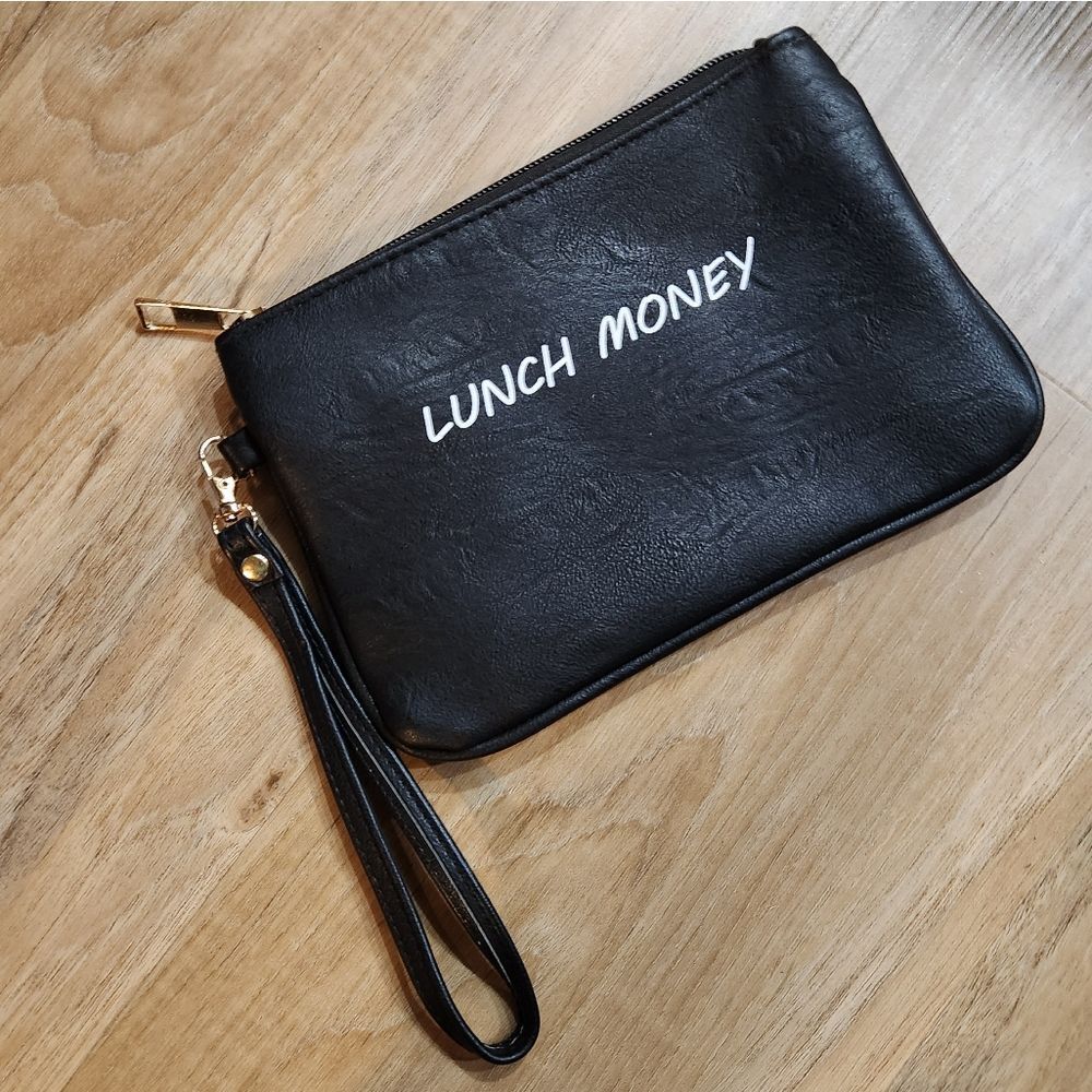 💜Black "Lunch Money" Faux Leather Zippered Wristlet
